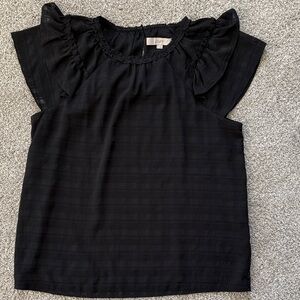 LOFT Black Textured Blouse with Ruffle Sleeves